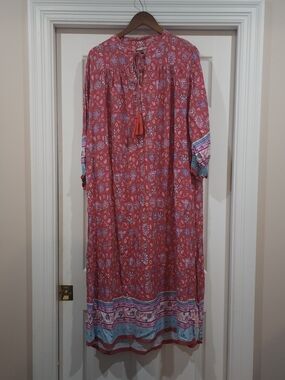 NATURAL LIFE Coral Floral Boho Maxi Dress with Tassel Tie